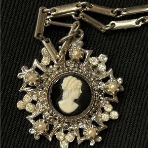 1980 Vintage Cameo on chain.Monochrome black,white gold w/ pearls & rhinestones.